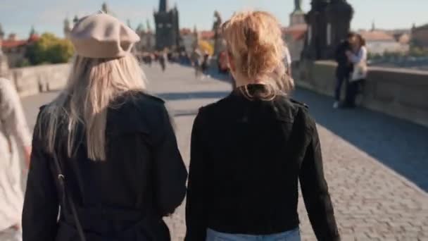 Donna e madre che camminano insieme sul ponte Carlo — Video Stock