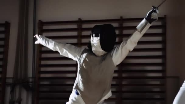 Men In Fencing Masks Thrusting With Foils In Duel — Stockvideo