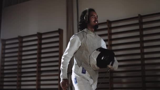 Young Man In Fencing Gear Hi-Fiving Oponen — Stok Video