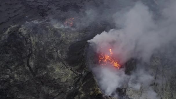 Drone Shot Of Smoke And Lava From Erupting Volcano — Vídeos de Stock