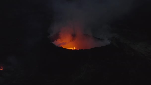 Drone Of Smoke From Volcano Illuminated By Lava — Stock Video