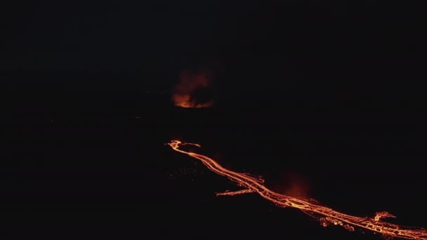Drone Over Moving River Of Molten Lava From Erupting Volcano — Vídeos de Stock