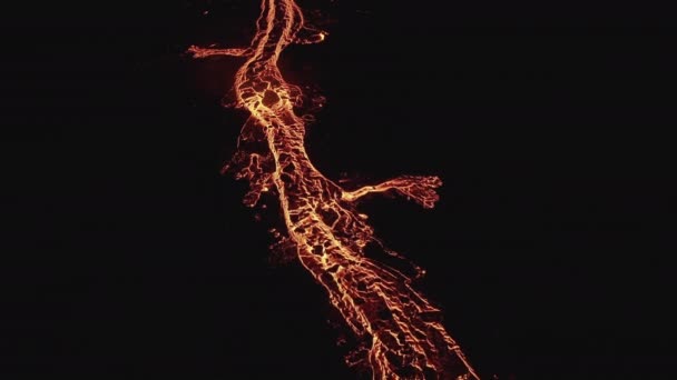 Drone Over Moving River Of Molten Lava From Erupting Volcano — Vídeos de Stock