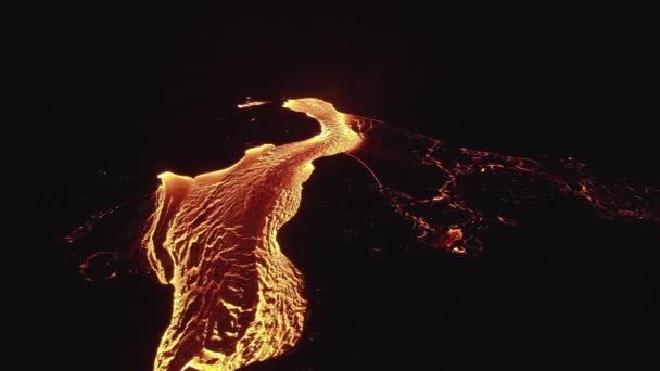 Drone Over Moving River Of Molten Lava From Erupting Volcano — Vídeos de Stock