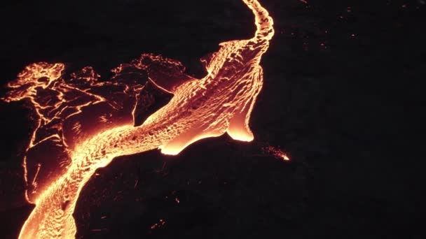 Drone Over Flowing River Of Molten Lava From Erupting Volcano — Stock Video