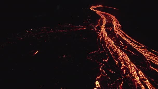Drone Over Molten Glowing Lava Rivers And Streams From Volcano — Stock Video