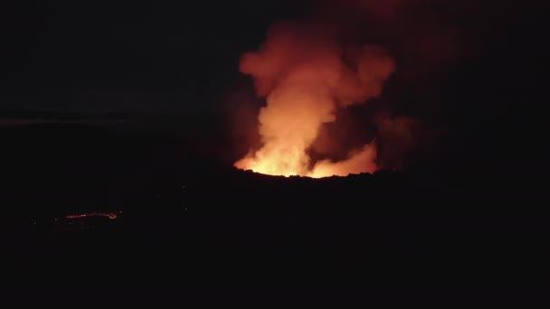 Drone Of Smoke Glowing From Erupting Volcano In The Dark — Stock Video