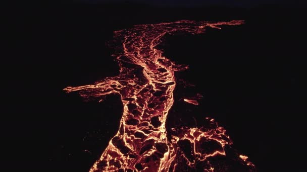 Drone Of Flowing Lava River From Erupting Volcano — Vídeo de stock