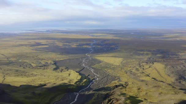 Drone Πάνω από το απέραντο πράσινο τοπίο με πλεγμένο ποτάμι — Αρχείο Βίντεο
