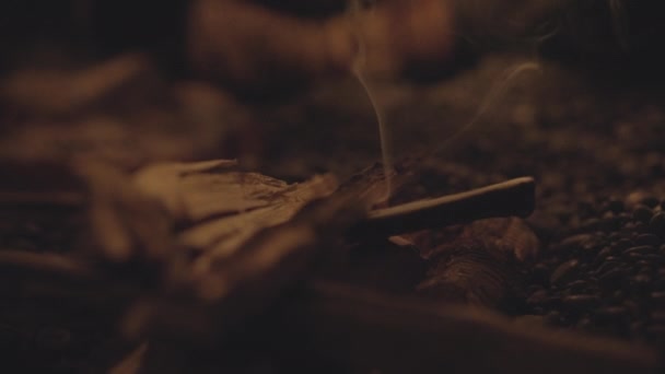 Kindling Of Campfire Illuminated By Bright Light In Cave — Stock video