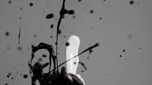 Черно-белая краска брызгает вместе в абстрактных формах — стоковое видео