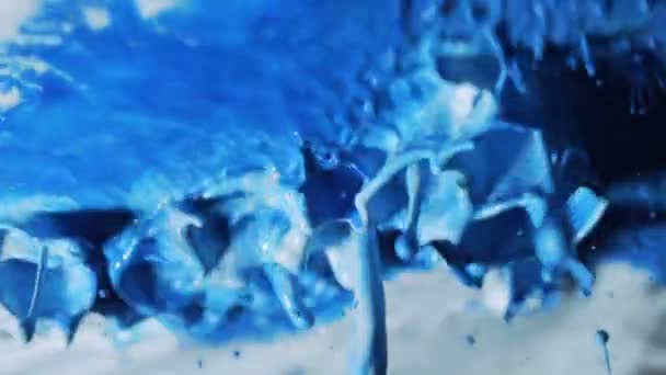 Blaue Farbe sprang auf und bewegte sich auf Blatt, um abstrakte Muster zu erstellen — Stockvideo
