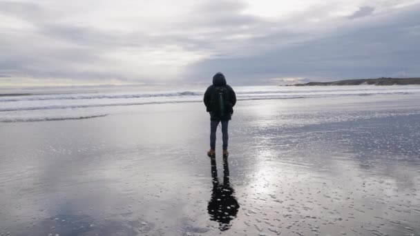 Άνθρωπος στέκεται σε υγρή παραλία βλέποντας σερφ και σύννεφα — Αρχείο Βίντεο