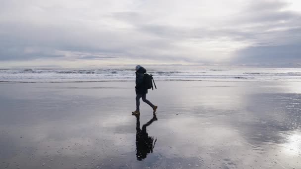 Άντρας με σακίδιο περπατώντας κατά μήκος Wet Beach Προς Vestrahorn — Αρχείο Βίντεο