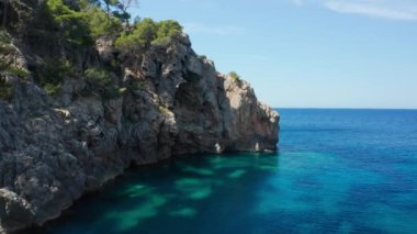 Ağaçlar ve mavi, sakin denizle Rocky sahilinde insansız hava aracı uçuşu