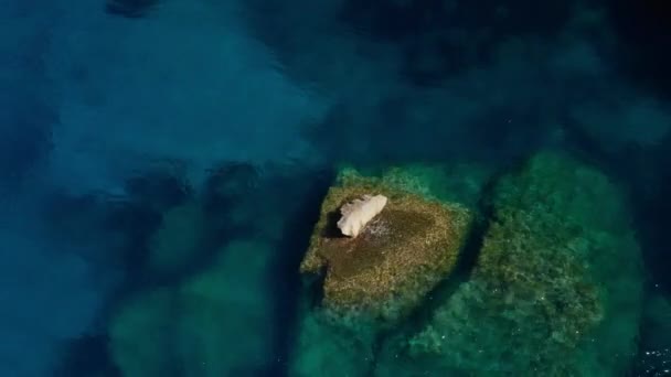 Felsdrohne balancierte über Wasser im türkisfarbenen Meer — Stockvideo