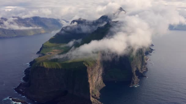 Drone Of Kallur Lighthouse On Cliff Edge On Kalsoy  Island — Stock Video