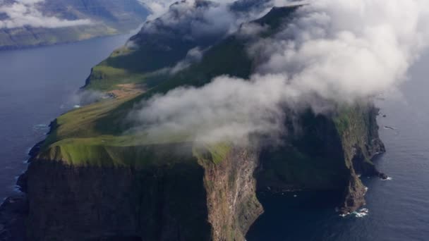 Drone Of Kallur Lighthouse On Cliff Edge On Kalsoy  Island — Stock Video