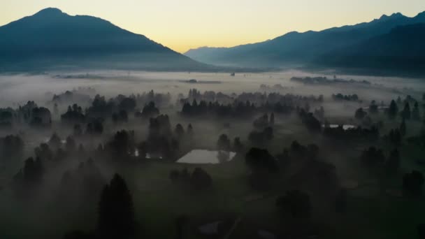 Drone over mistige landschap van Zell Am See bij dageraad — Stockvideo