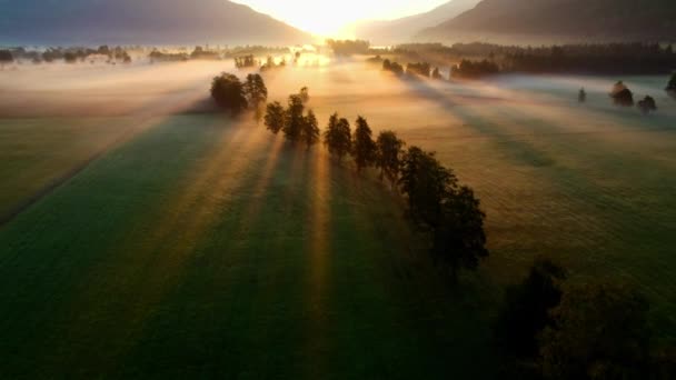 Drone su nebbioso paesaggio illuminato dal sole di Zell Am See, — Video Stock