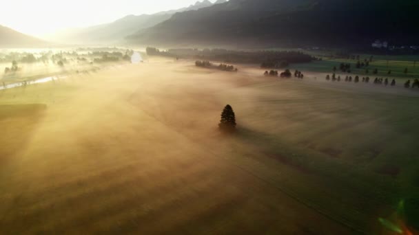 Drone sobre a paisagem iluminada pelo sol nebuloso de Zell am See, — Vídeo de Stock