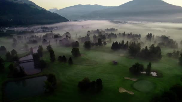 Drone oltre alberi in nebbioso paesaggio di zell am vedere all'alba — Video Stock