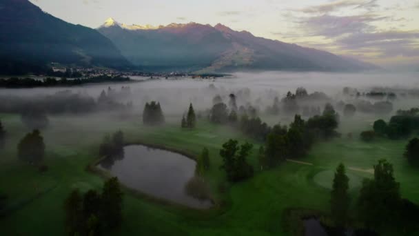 Drone oltre alberi in nebbioso paesaggio di zell am vedere all'alba — Video Stock