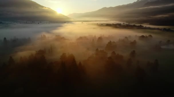 Drönare över Etheral Misty Landskap Zell Am See vid soluppgången — Stockvideo