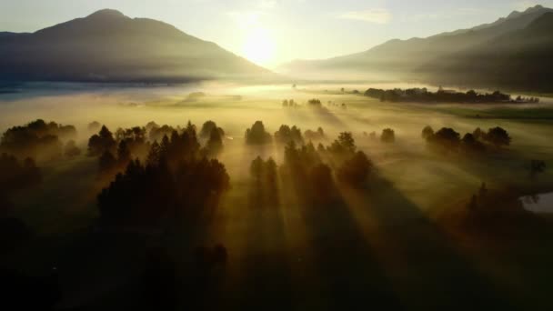 Drohne im Morgengrauen über der nebligen Landschaft von Zell am See — Stockvideo
