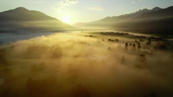Drönare över Etheral Misty Landskap Zell Am See i gryningen — Stockvideo