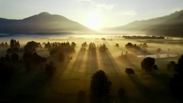 Drohne im Morgengrauen über der nebligen Landschaft von Zell am See — Stockvideo