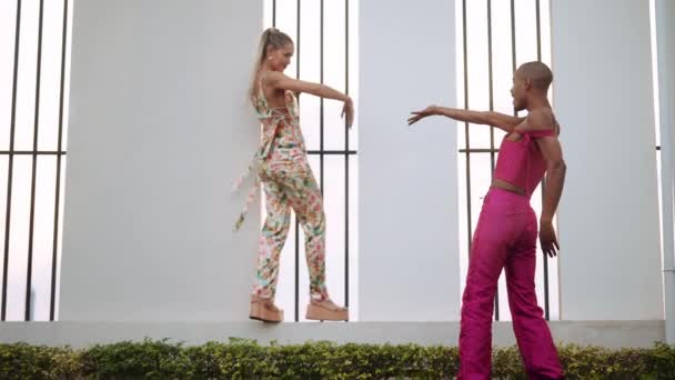 Man in pink and heels reaching to hold hands with female dancer — Stock Video