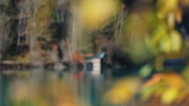 Boathouse y hojas en el embalse de Klammsee en otoño — Vídeo de stock