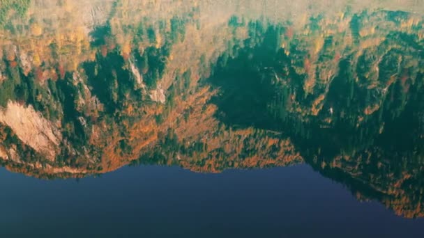 Träd täckta berg Reflekterad i Klammsee Reservoir i höst — Stockvideo