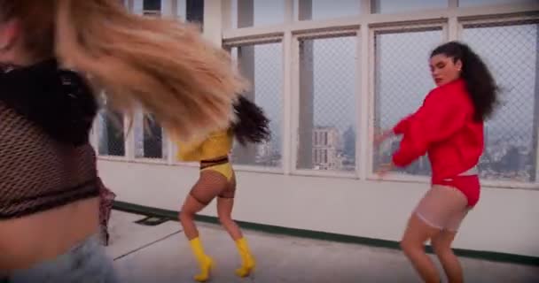 All Girl Dance Crew Performing Routine On Rooftop — Stock Video