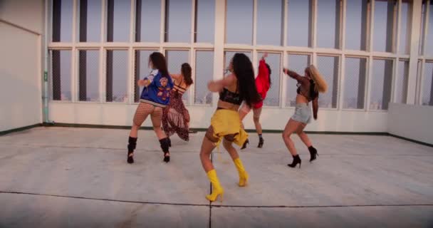 Tüm Kız Dans Ekibi Çatıda Gösteri Yapıyor — Stok video