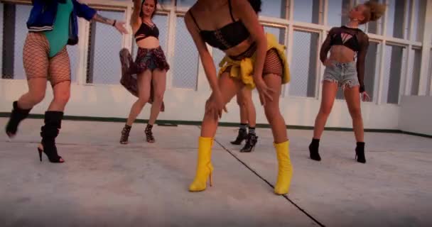 All Girl Dance Crew Esecuzione di routine sul tetto — Video Stock