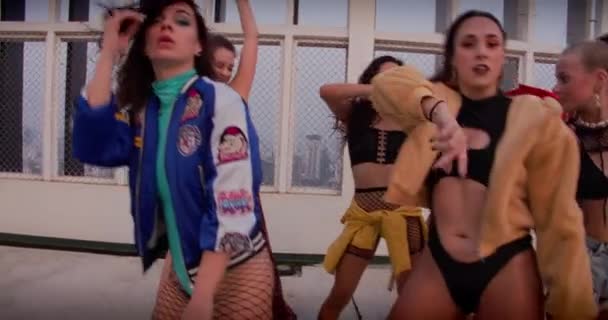 Girl Dance Crew Performing On Rooftop — Stock Video