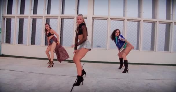 All Girl Dance Crew Виконання Routine On Rooftop — стокове відео