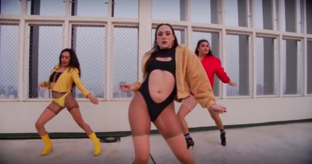 Girl Dance Crew Performing On Rooftop — Stock video