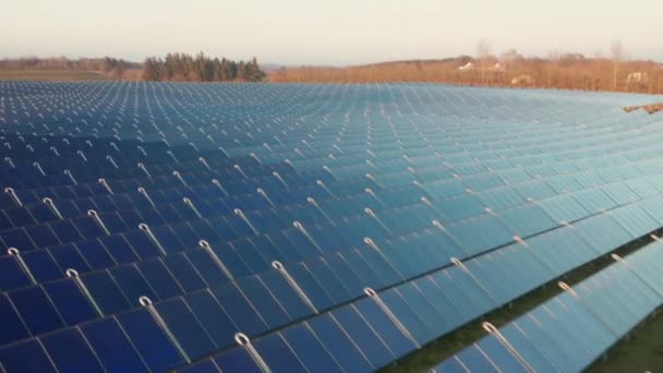 Drone su righe di pannelli solari blu nella campagna illuminata dal sole — Video Stock