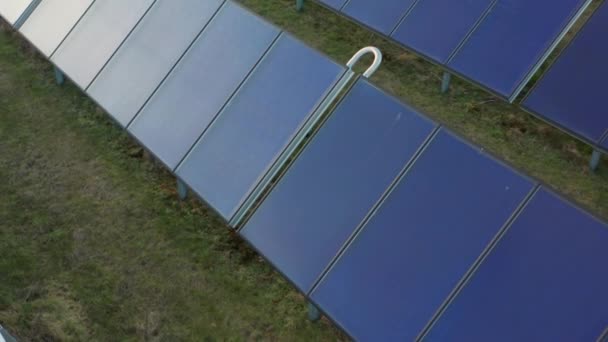 Dron nad niebieskimi panelami słonecznymi w polu — Wideo stockowe
