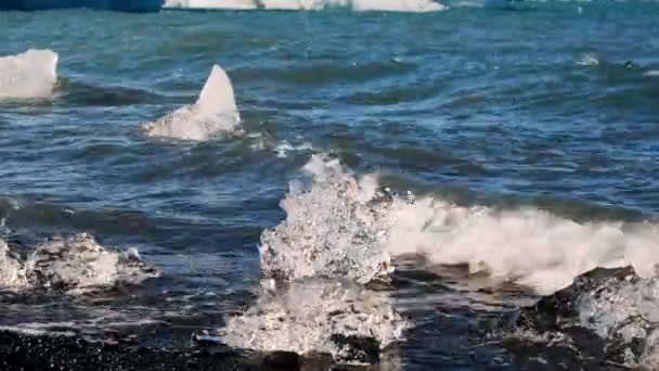 Gesmolten ijsvormen aan wal van het gletsjermeer van Jokulsarlon — Stockvideo