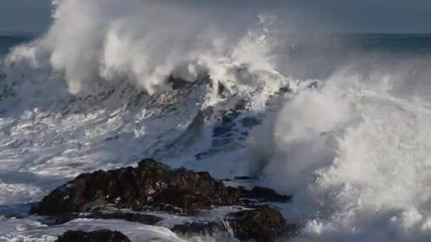 Rolling Waves Crashing To Rocky Shore — ストック動画
