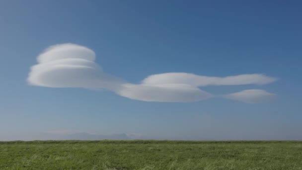 青い空の珍しい状態の雲に向かって緑の風景の上にドローン — ストック動画