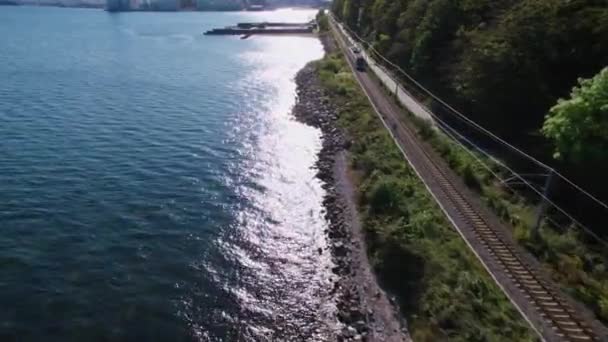 Drone sobre tren entre costa y bosque — Vídeo de stock