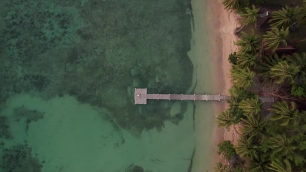 Dron schodzący w dół w kierunku molo nad morzem z plaży — Wideo stockowe