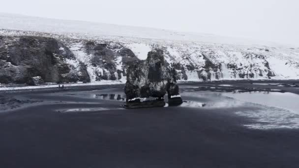 Drone Arcing Round Hvitserkur On Black Sand Beach — Vídeo de stock