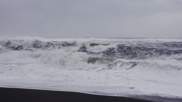 黒砂のビーチの海岸に墜落する白い波 — ストック動画