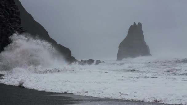 Olas de tormenta golpeando las pilas de mar y la playa de arena negra — Vídeo de stock